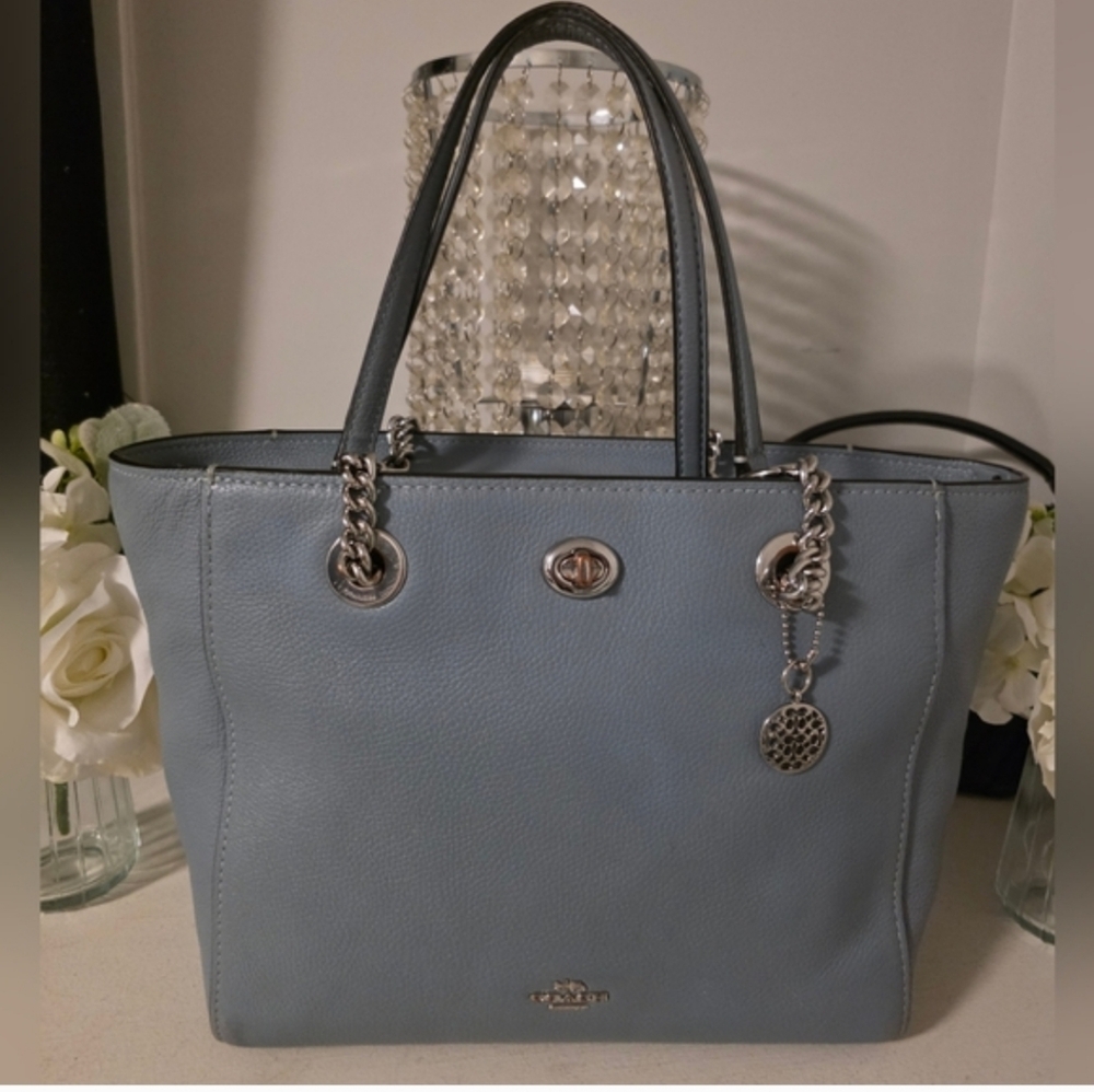 Coach Blue Leather Tote with Silver Details